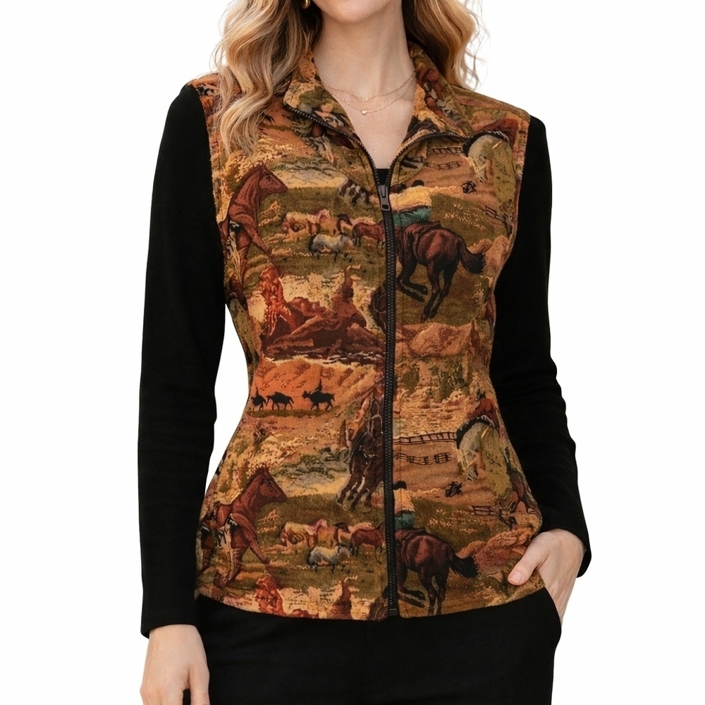 Vtg SADDLE RIDGE 1980s Western Equestrian Horse Tapestry Zipper Vest